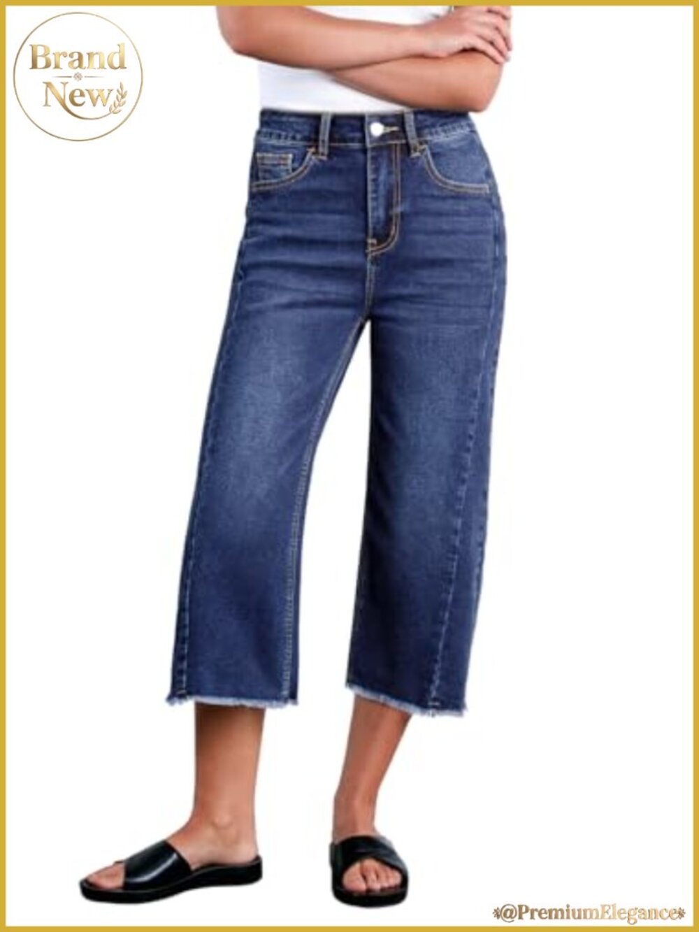 High Waisted Wide Leg Capri Jeans Raw Hem Side Seam Denim Pants